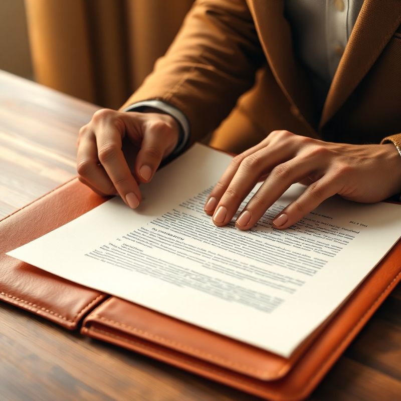 Mâini analizând un document juridic pe hârtie cremă
